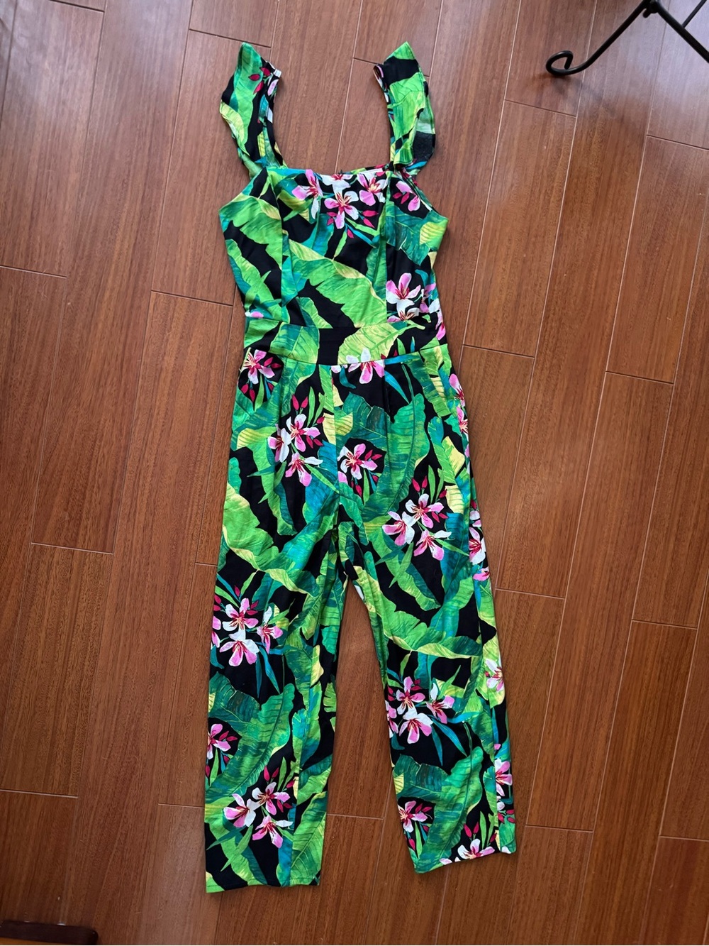 Petalo Cotton Tropical Green Leaf & Pink Floral Womens Jumpsuit Small